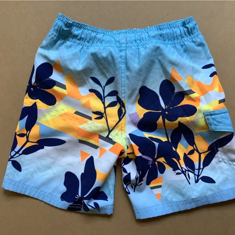 Blue and Orange Patterned Swim Trunk Shorts